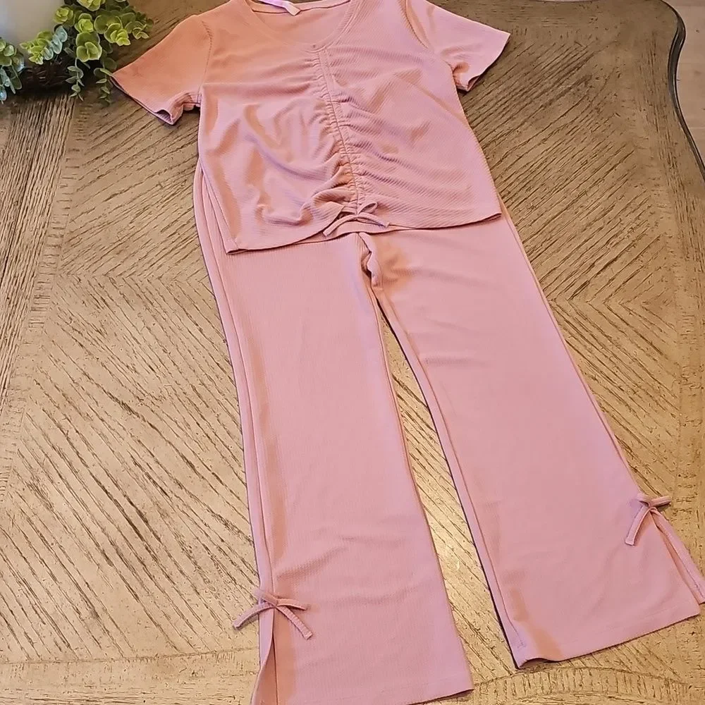 Pink Two-Piece Loungewear Set with Front Ruched Top Size S 6/7 New Never Worn